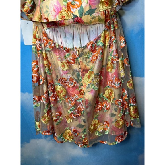 For Love & Lemons Floral Mini Dress Large Golden Yellow Plunge Short Sleeve Nwt - Picture 13 of 15